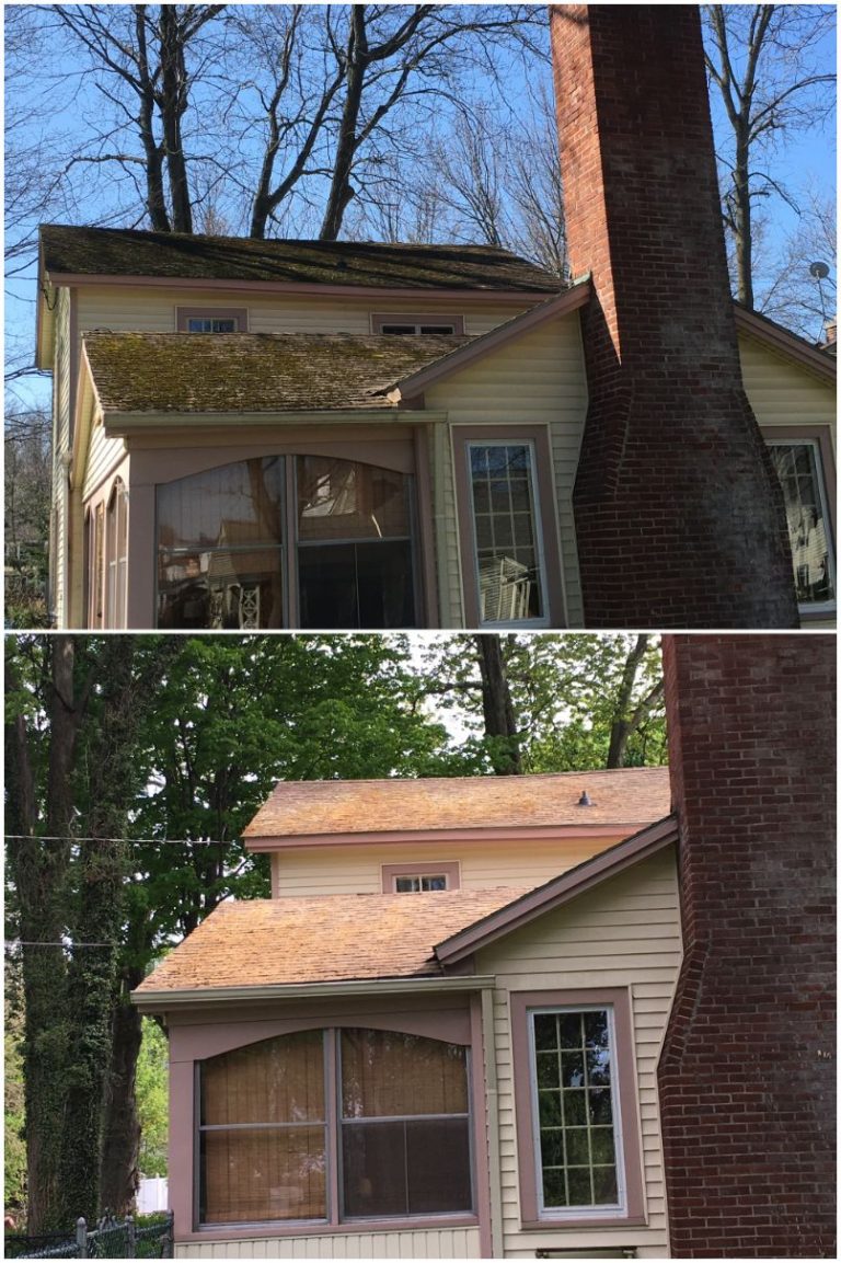Before and After Roof Cleaning in East Aurora, New York by